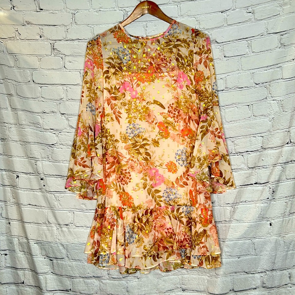 Eliza J Pink Brown Gold Floral Long Sleeve Dress Size 8 Excellent Condition